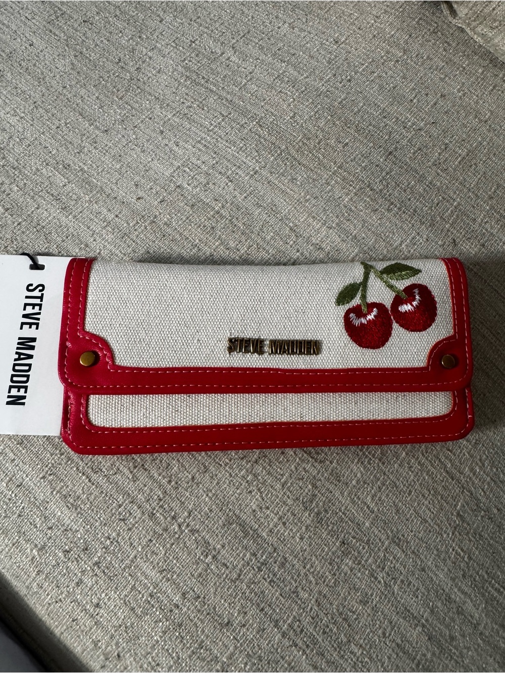 Steve Madden White Canvas Wallet with Red Trim and Cherry Embroidery